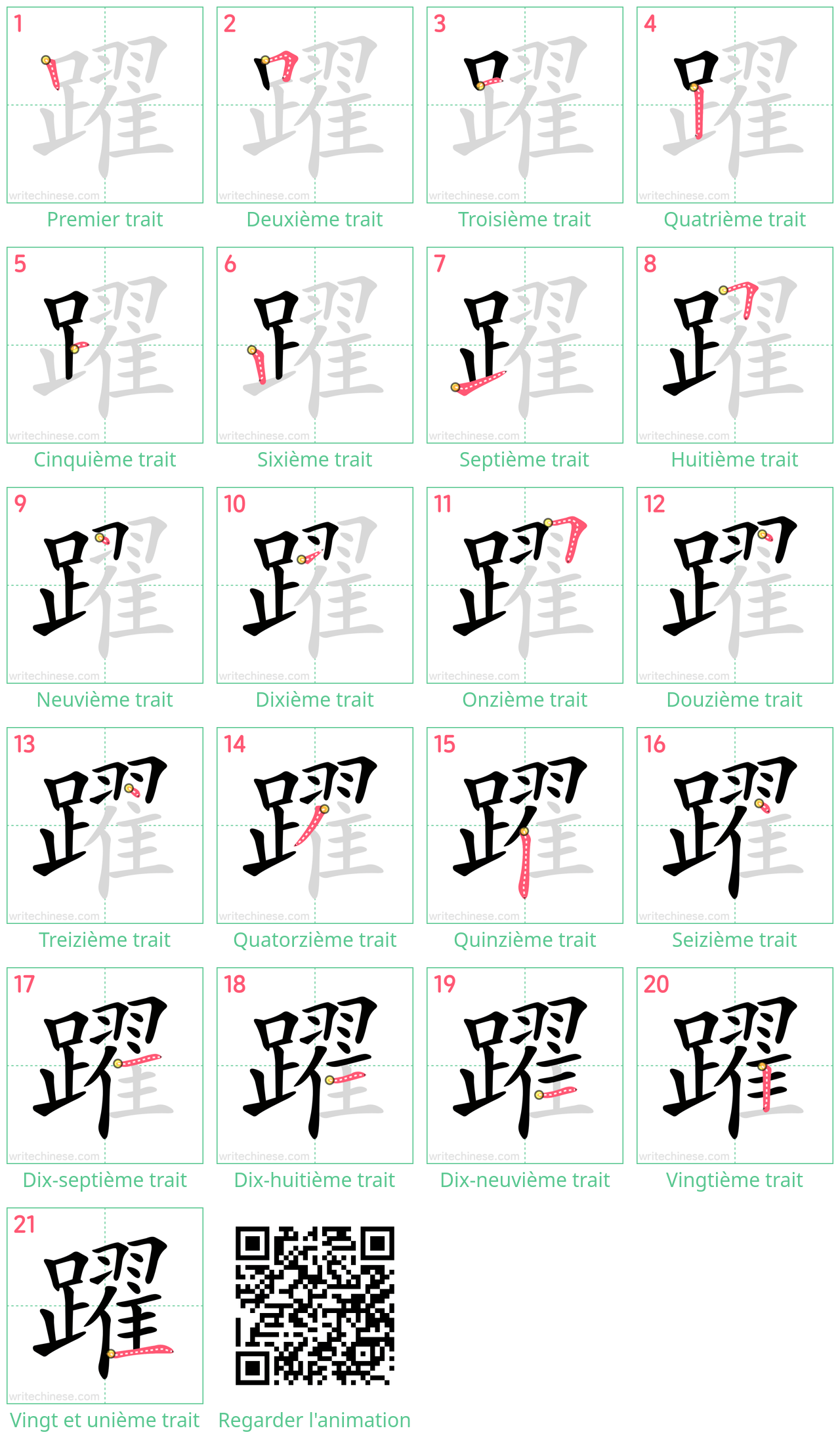 Diagrammes d'ordre des traits étape par étape pour le caractère 躍