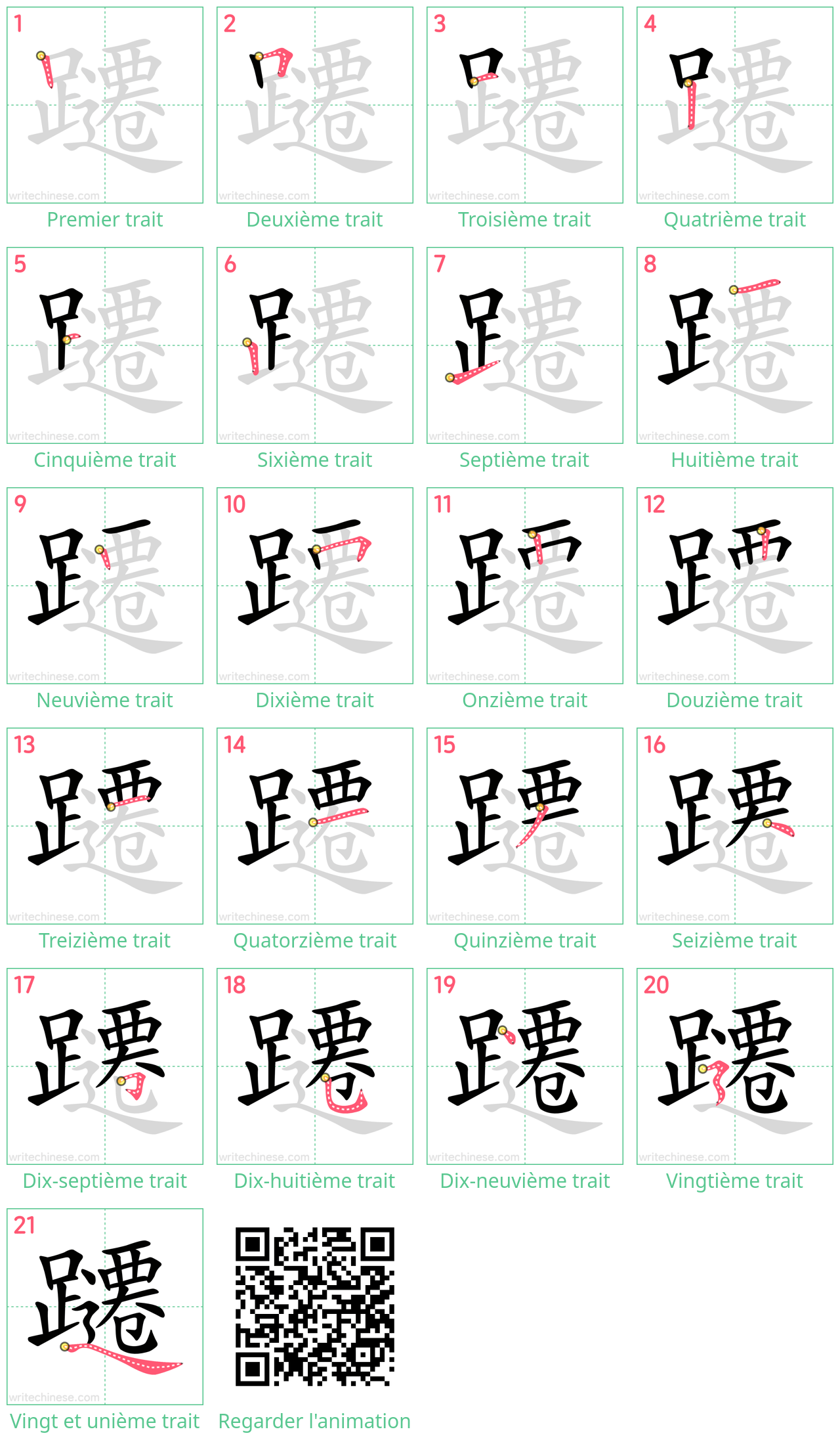 Diagrammes d'ordre des traits étape par étape pour le caractère 躚