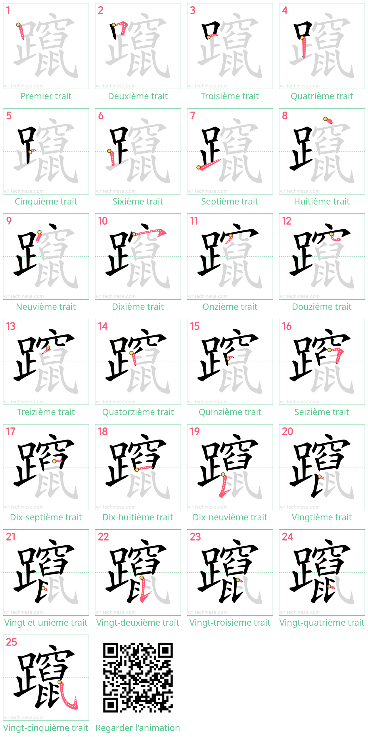 Diagrammes d'ordre des traits étape par étape pour le caractère 躥