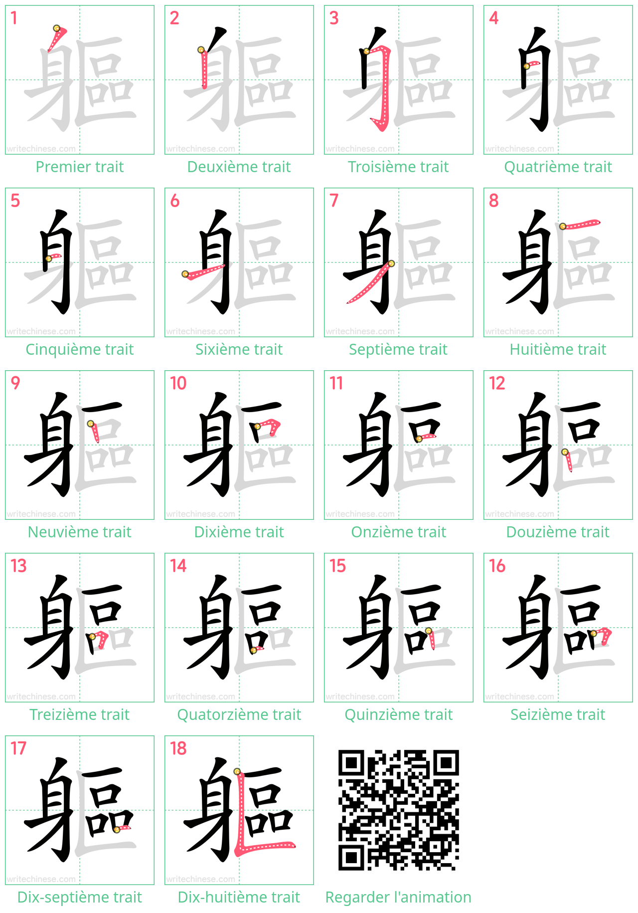 Diagrammes d'ordre des traits étape par étape pour le caractère 軀