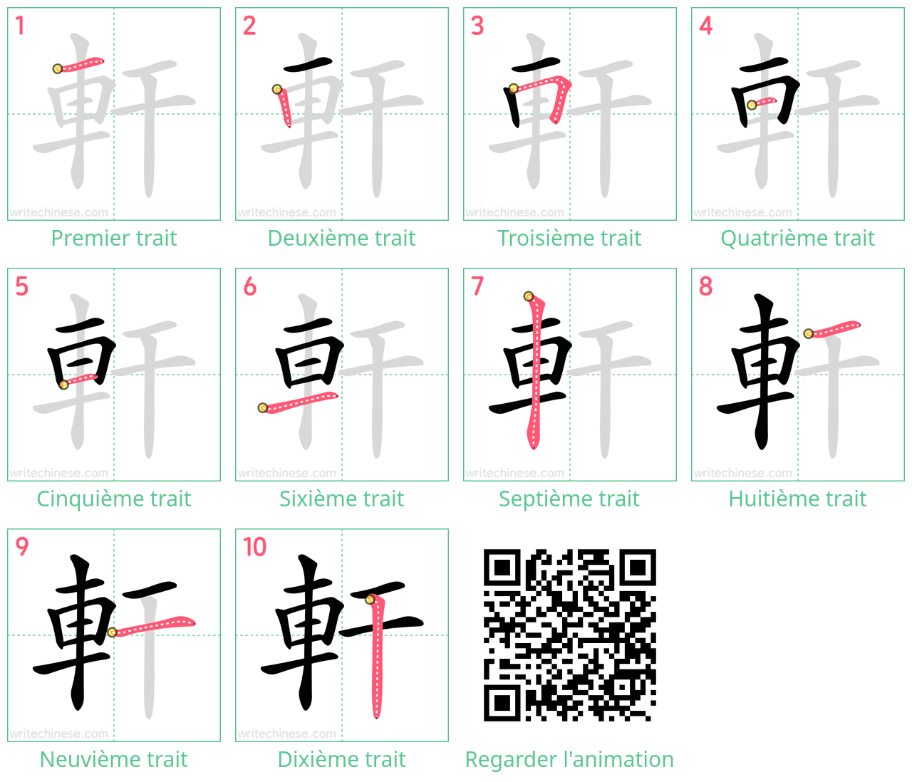 Diagrammes d'ordre des traits étape par étape pour le caractère 軒