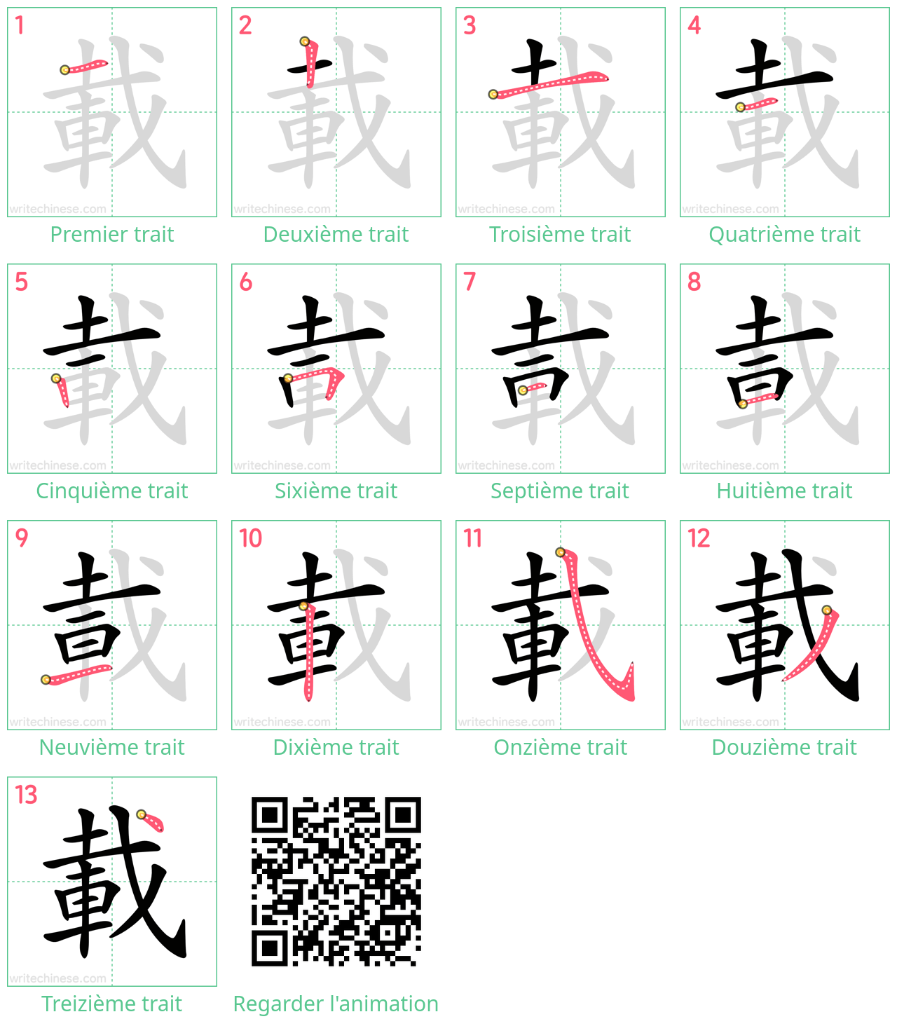 Diagrammes d'ordre des traits étape par étape pour le caractère 載