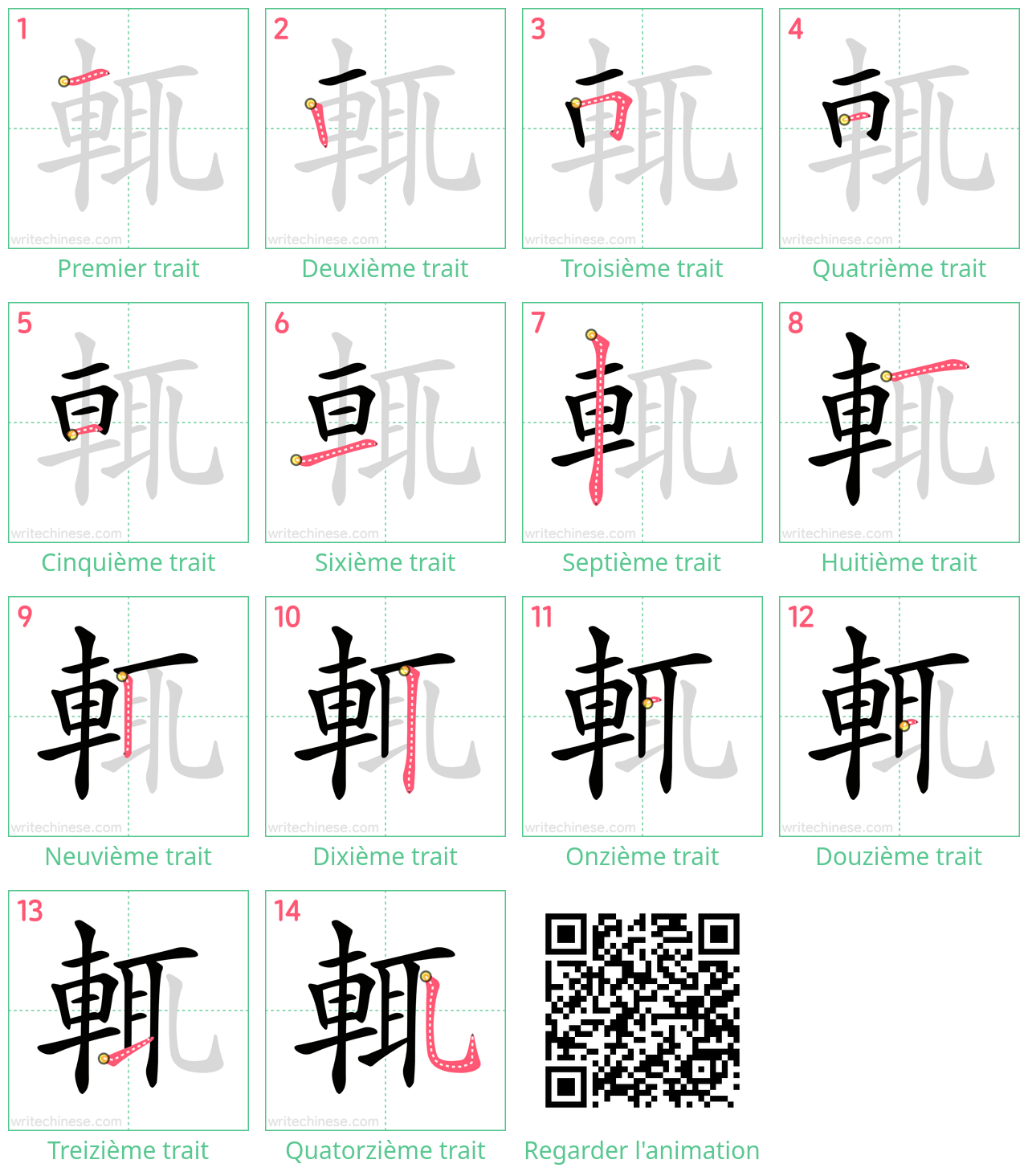 Diagrammes d'ordre des traits étape par étape pour le caractère 輒