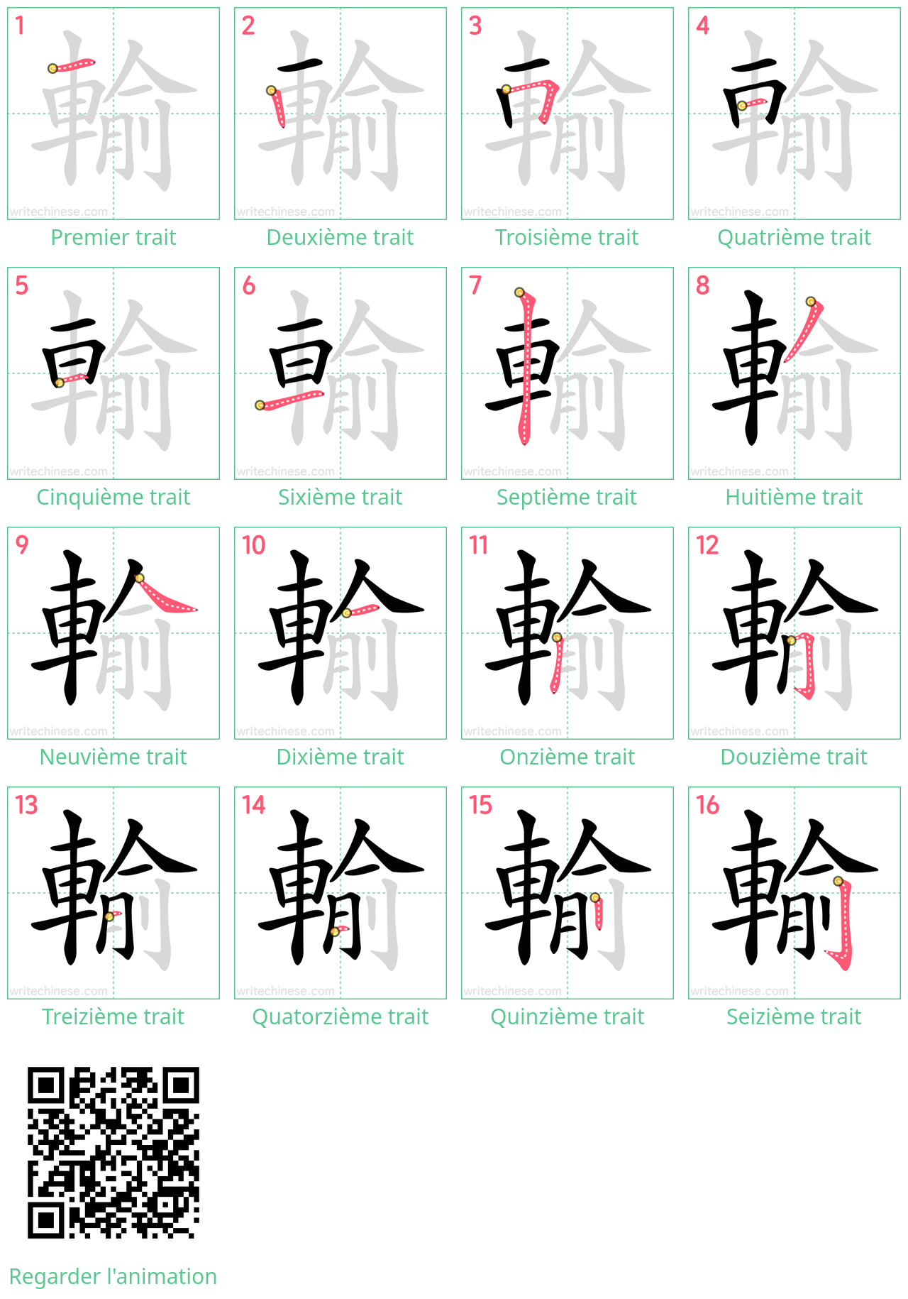 Diagrammes d'ordre des traits étape par étape pour le caractère 輸