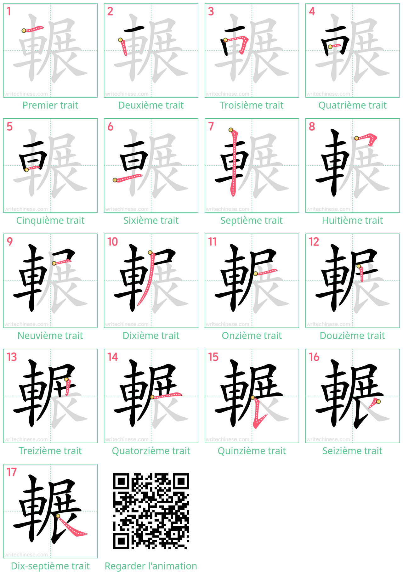 Diagrammes d'ordre des traits étape par étape pour le caractère 輾