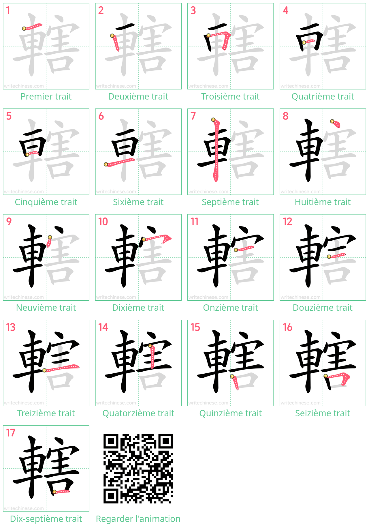 Diagrammes d'ordre des traits étape par étape pour le caractère 轄