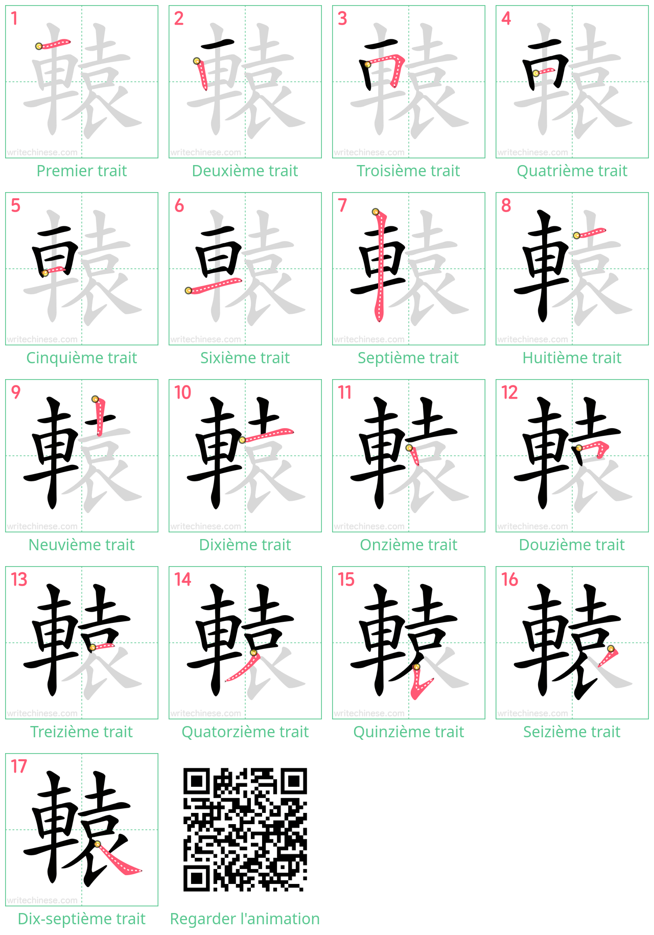 Diagrammes d'ordre des traits étape par étape pour le caractère 轅