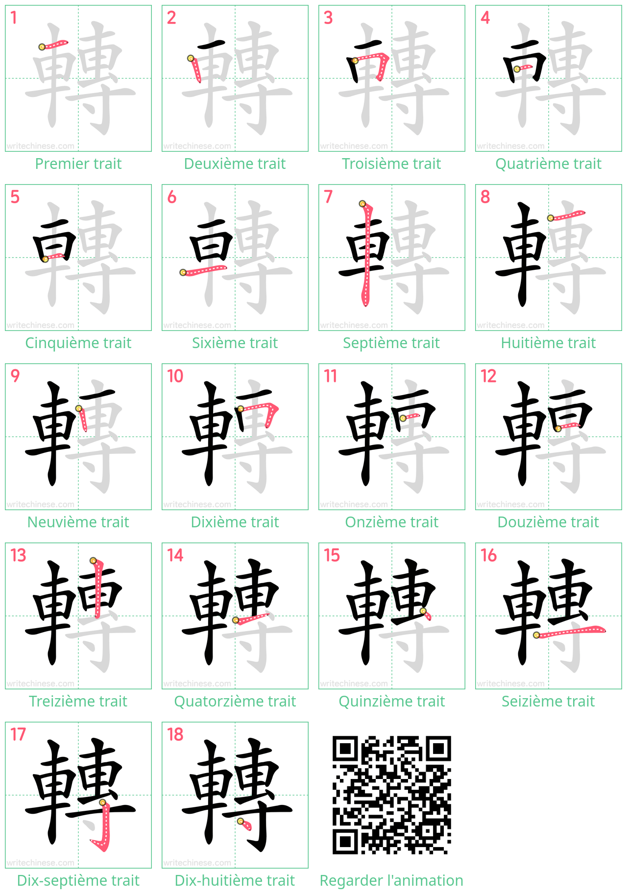 Diagrammes d'ordre des traits étape par étape pour le caractère 轉