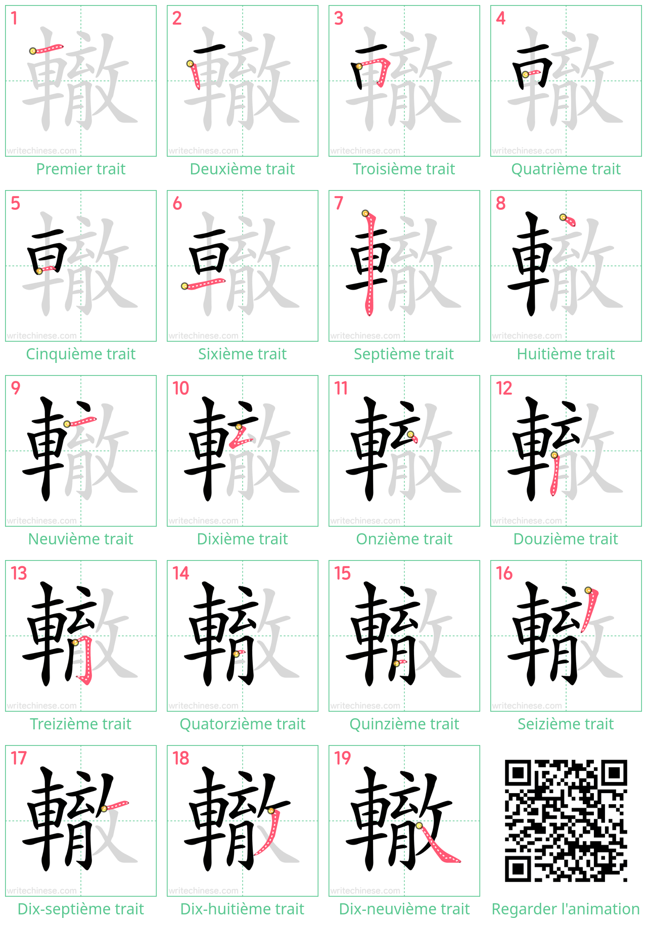 Diagrammes d'ordre des traits étape par étape pour le caractère 轍