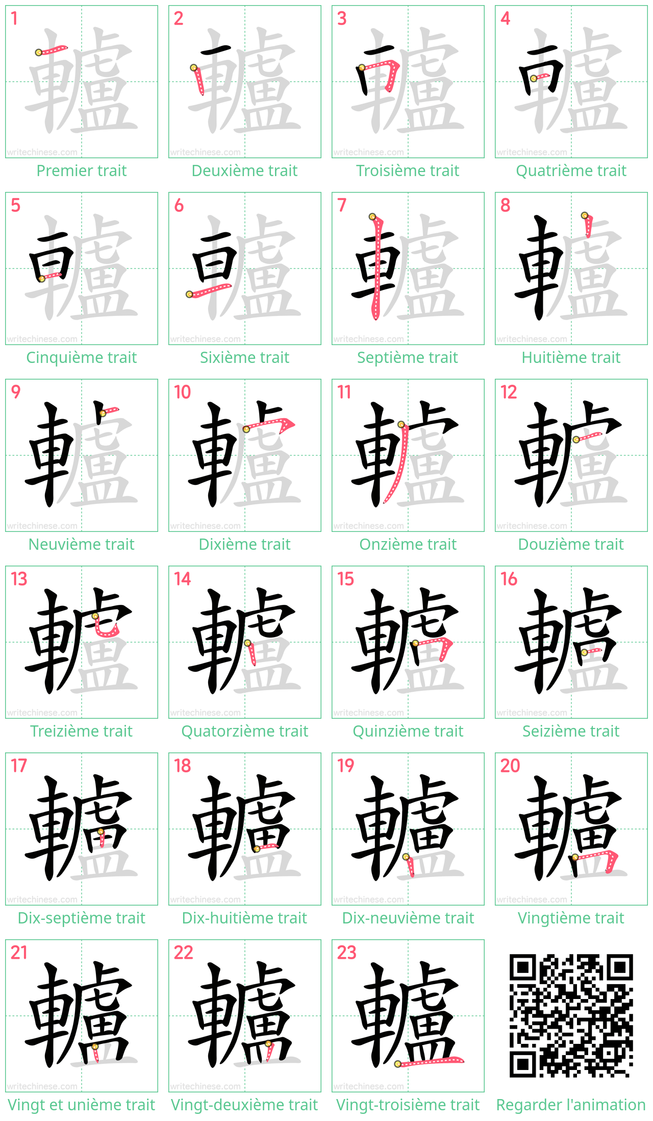 Diagrammes d'ordre des traits étape par étape pour le caractère 轤