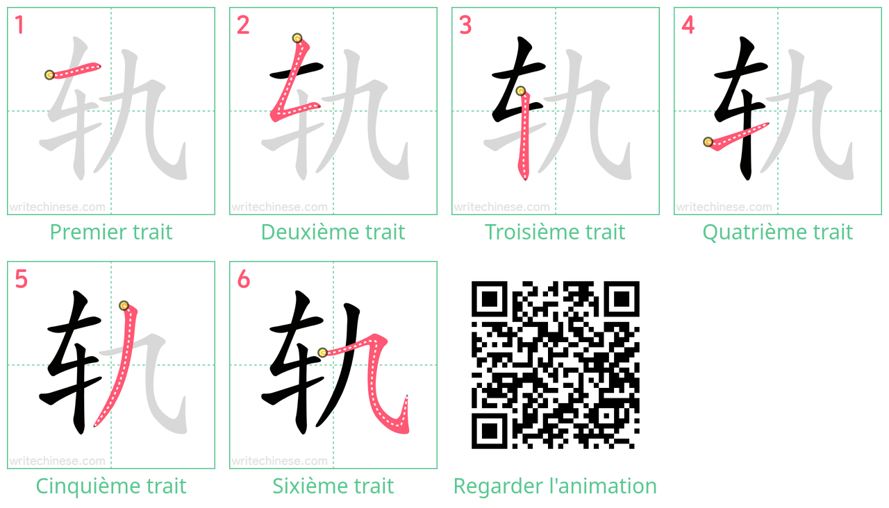 Diagrammes d'ordre des traits étape par étape pour le caractère 轨