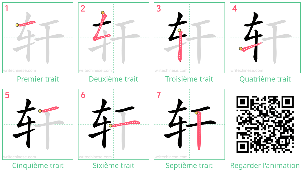 Diagrammes d'ordre des traits étape par étape pour le caractère 轩