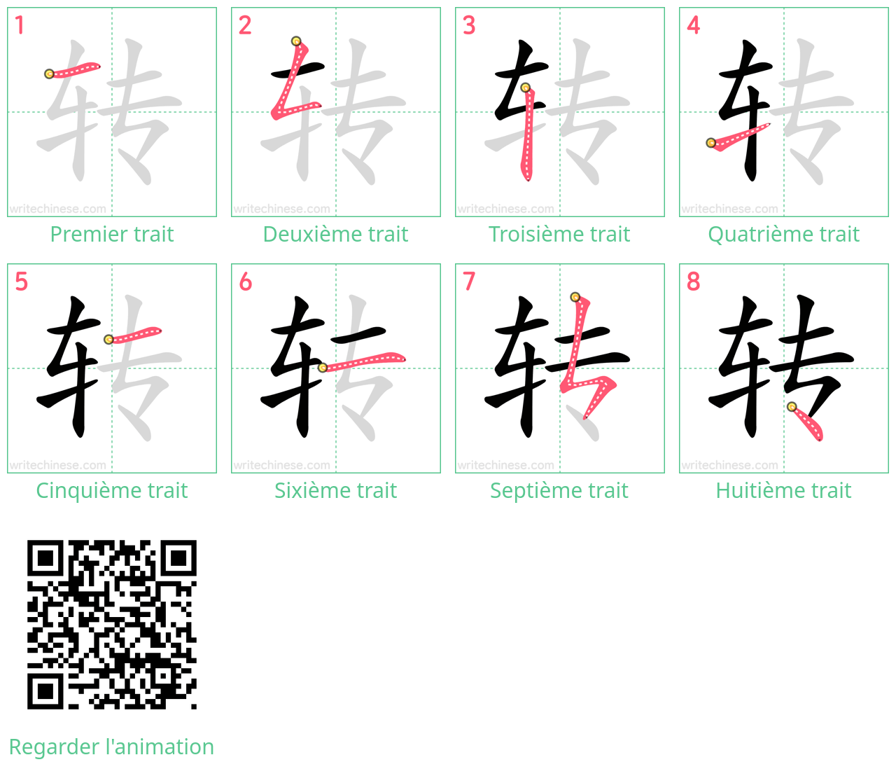 Diagrammes d'ordre des traits étape par étape pour le caractère 转