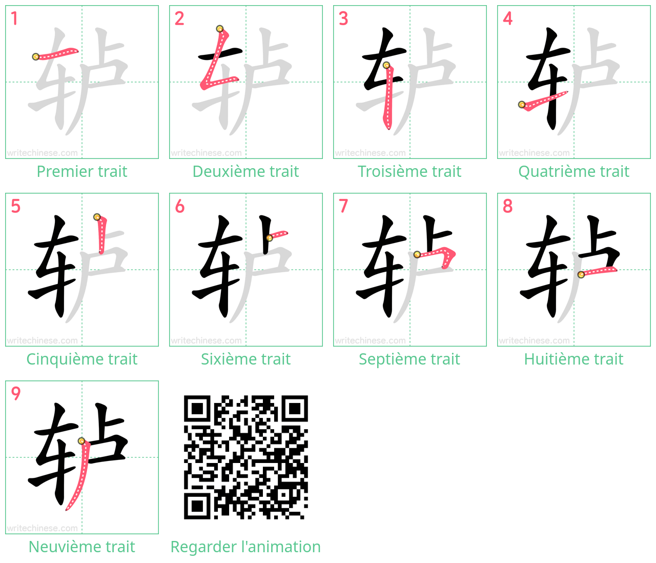 Diagrammes d'ordre des traits étape par étape pour le caractère 轳