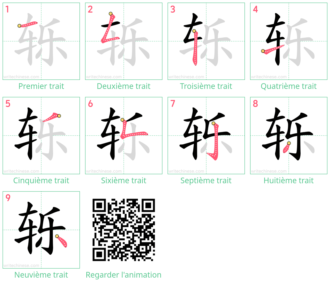 Diagrammes d'ordre des traits étape par étape pour le caractère 轹