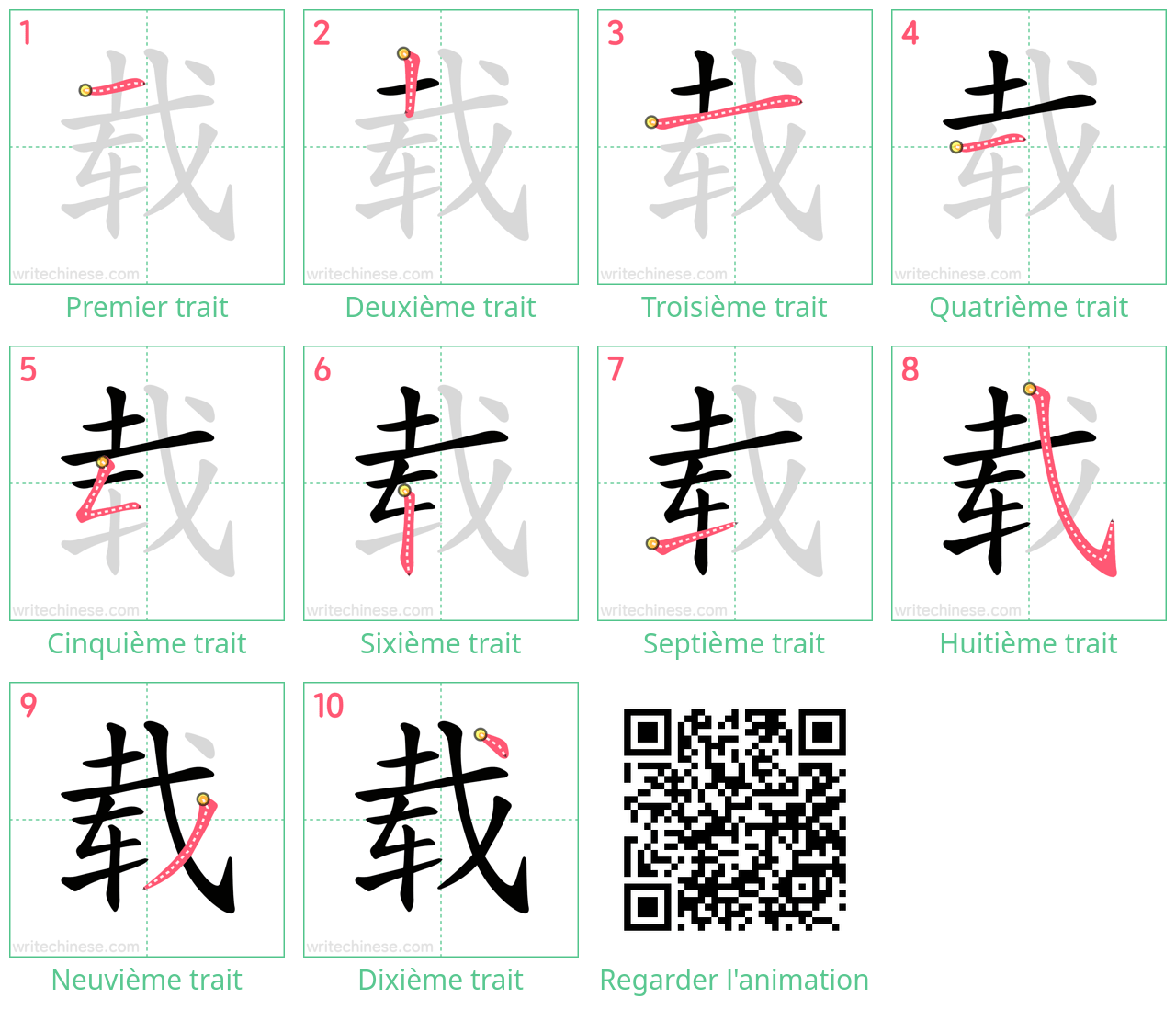 Diagrammes d'ordre des traits étape par étape pour le caractère 载