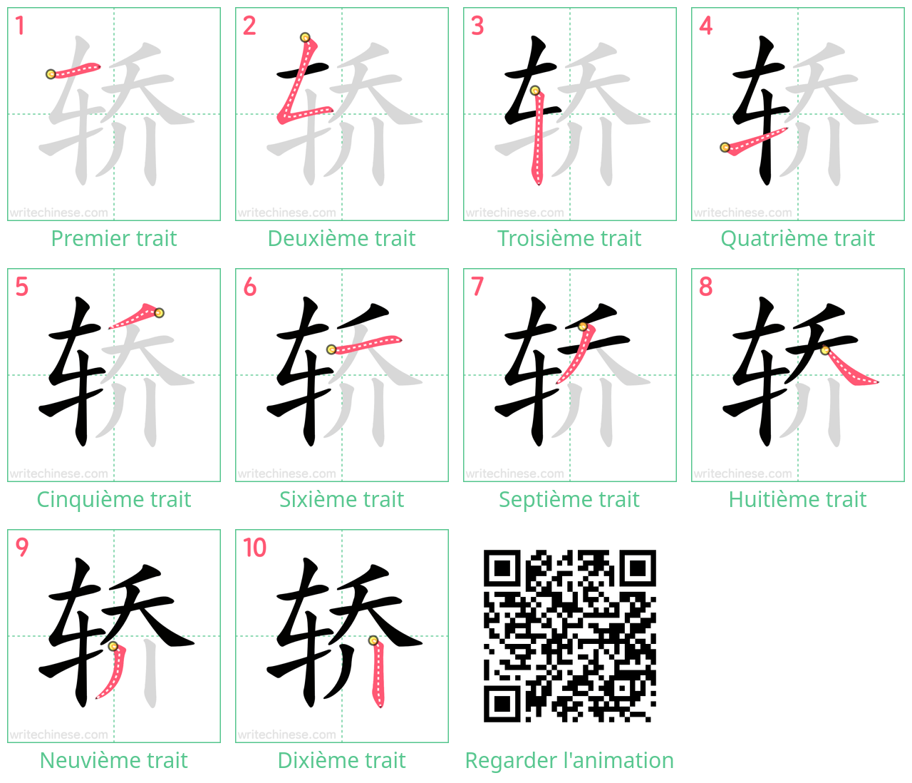 Diagrammes d'ordre des traits étape par étape pour le caractère 轿