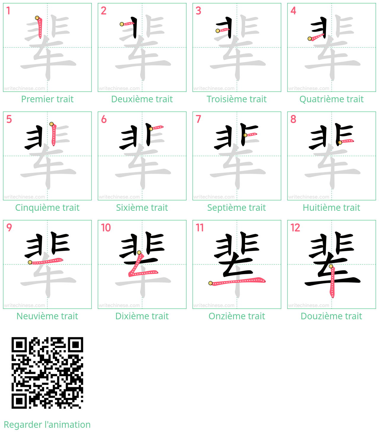 Diagrammes d'ordre des traits étape par étape pour le caractère 辈