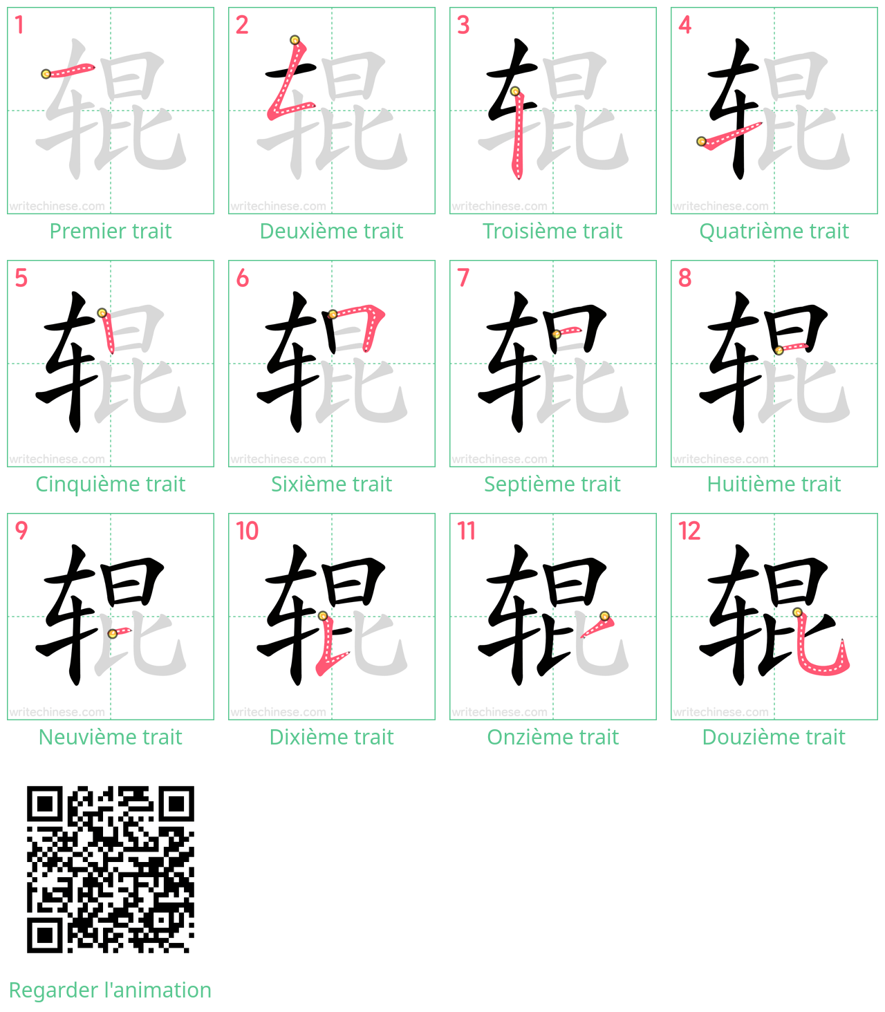 Diagrammes d'ordre des traits étape par étape pour le caractère 辊