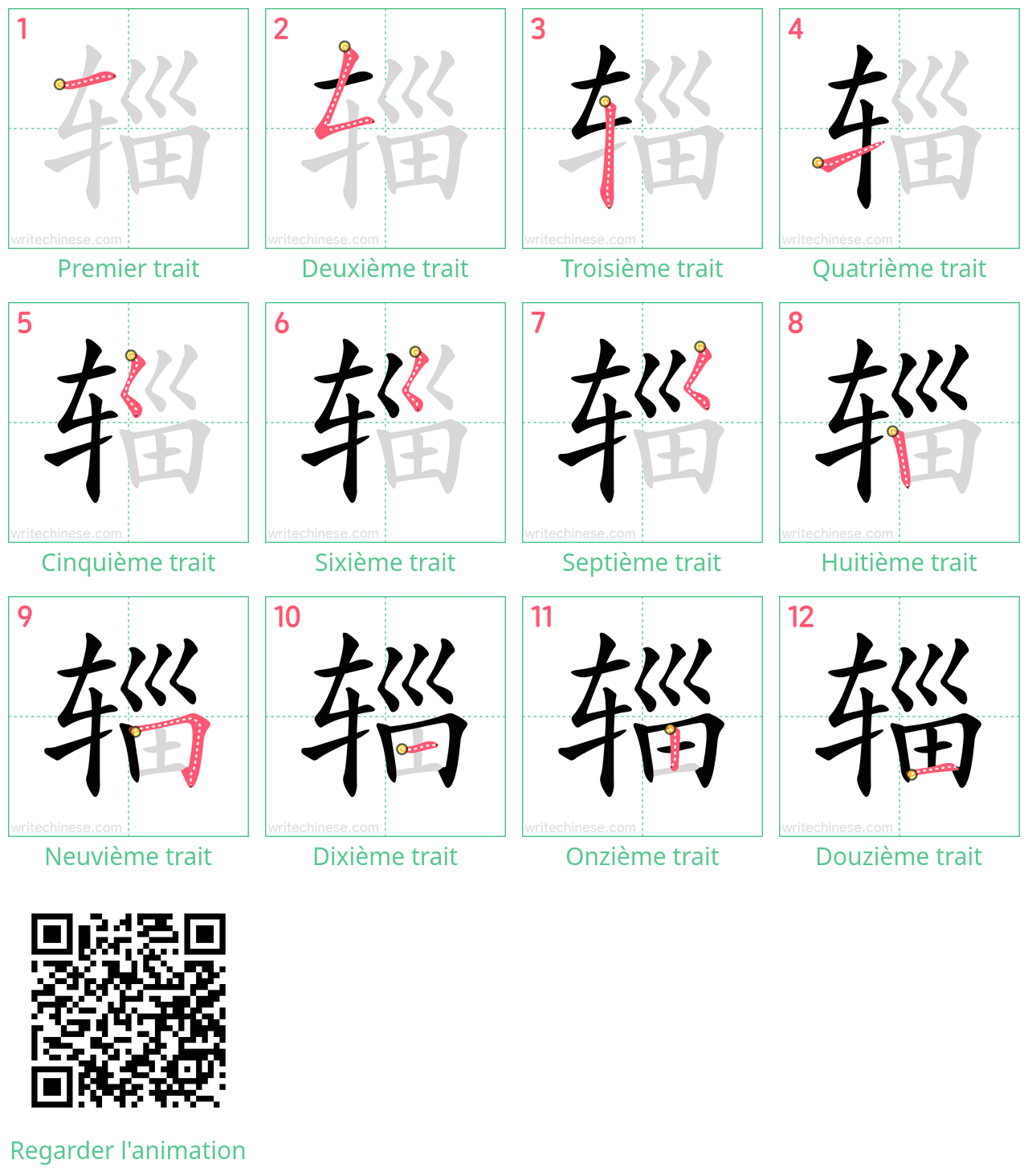 Diagrammes d'ordre des traits étape par étape pour le caractère 辎