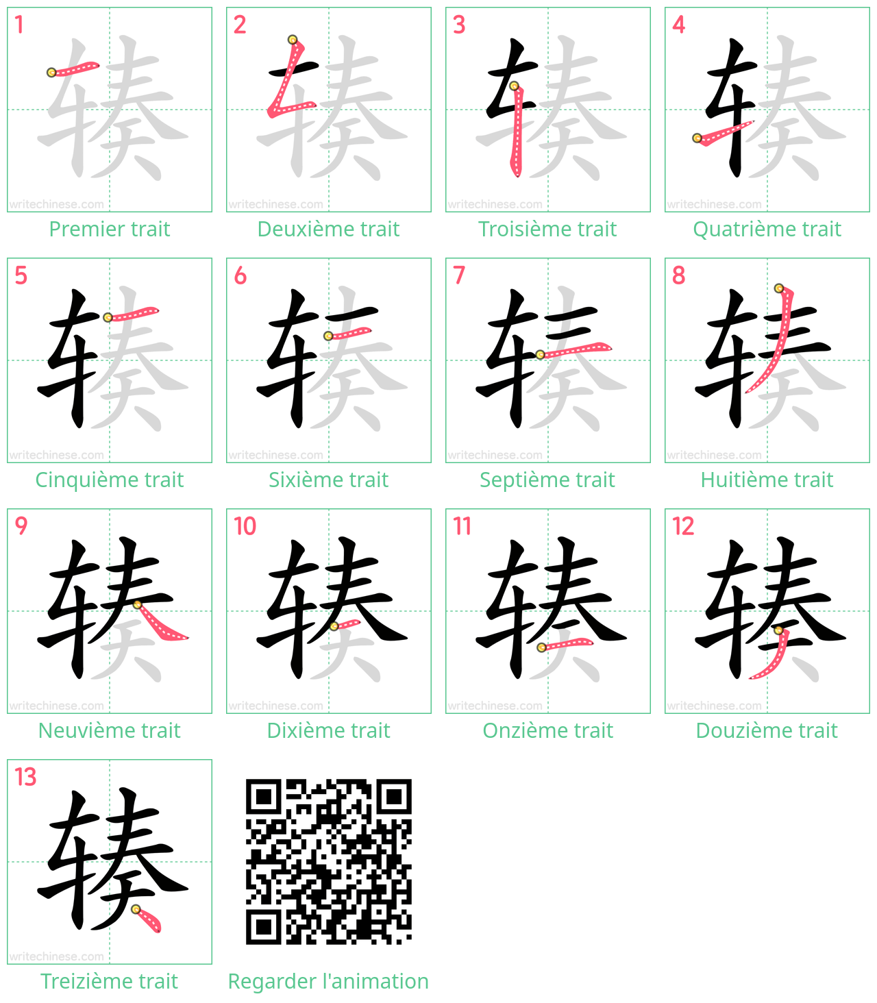 Diagrammes d'ordre des traits étape par étape pour le caractère 辏