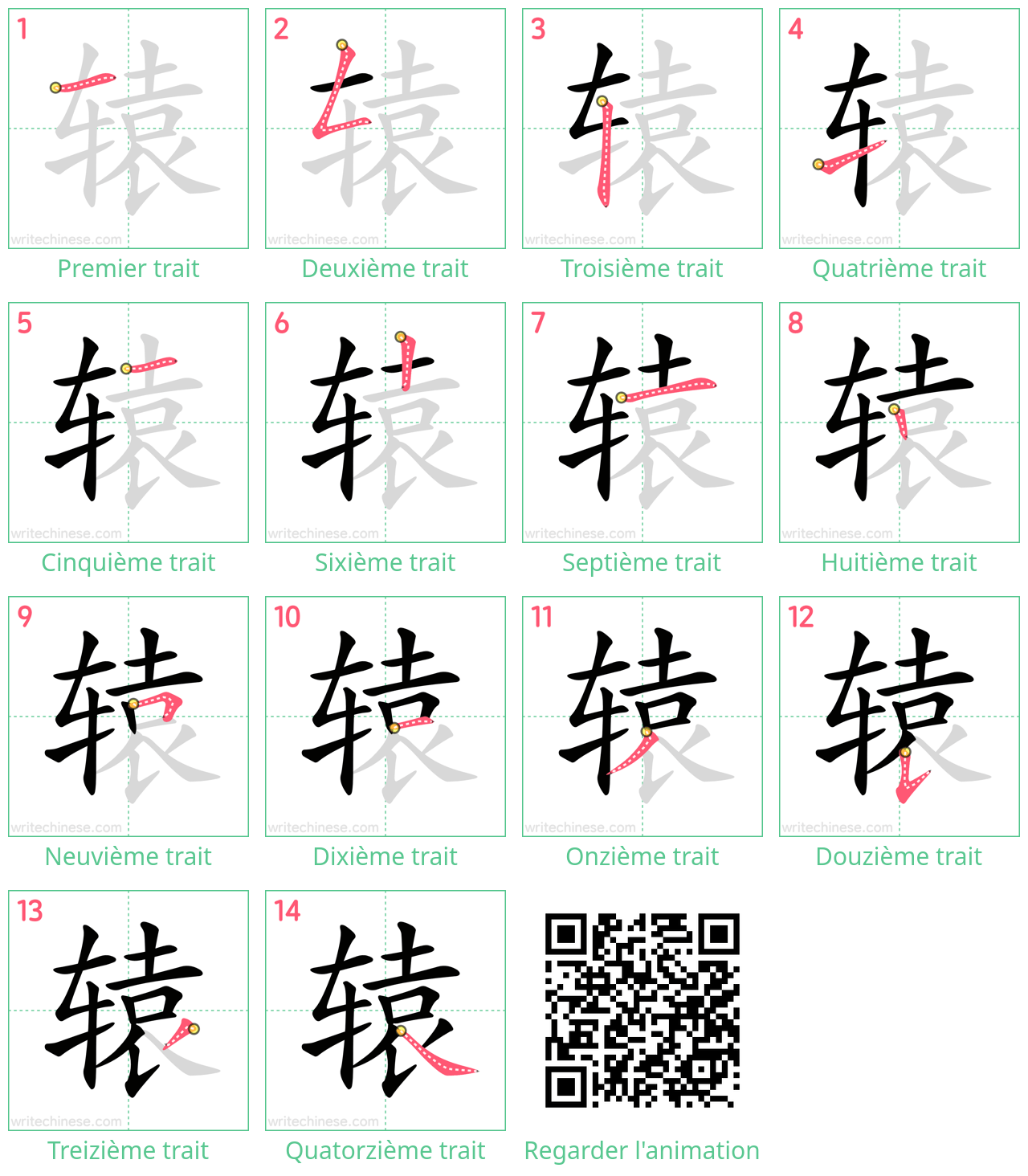 Diagrammes d'ordre des traits étape par étape pour le caractère 辕