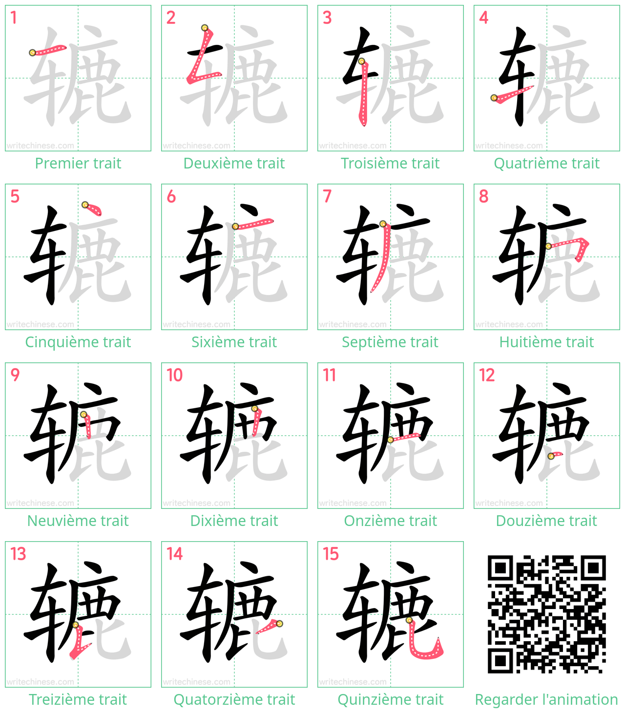 Diagrammes d'ordre des traits étape par étape pour le caractère 辘