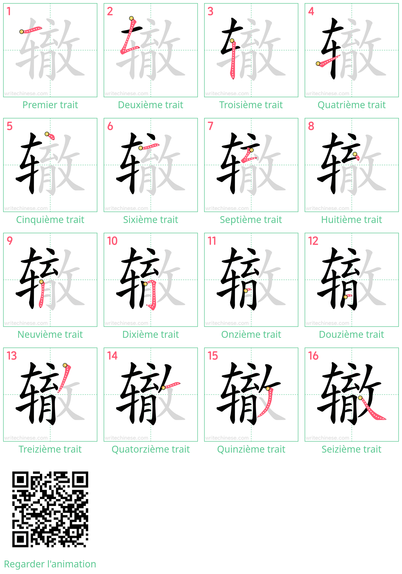 Diagrammes d'ordre des traits étape par étape pour le caractère 辙