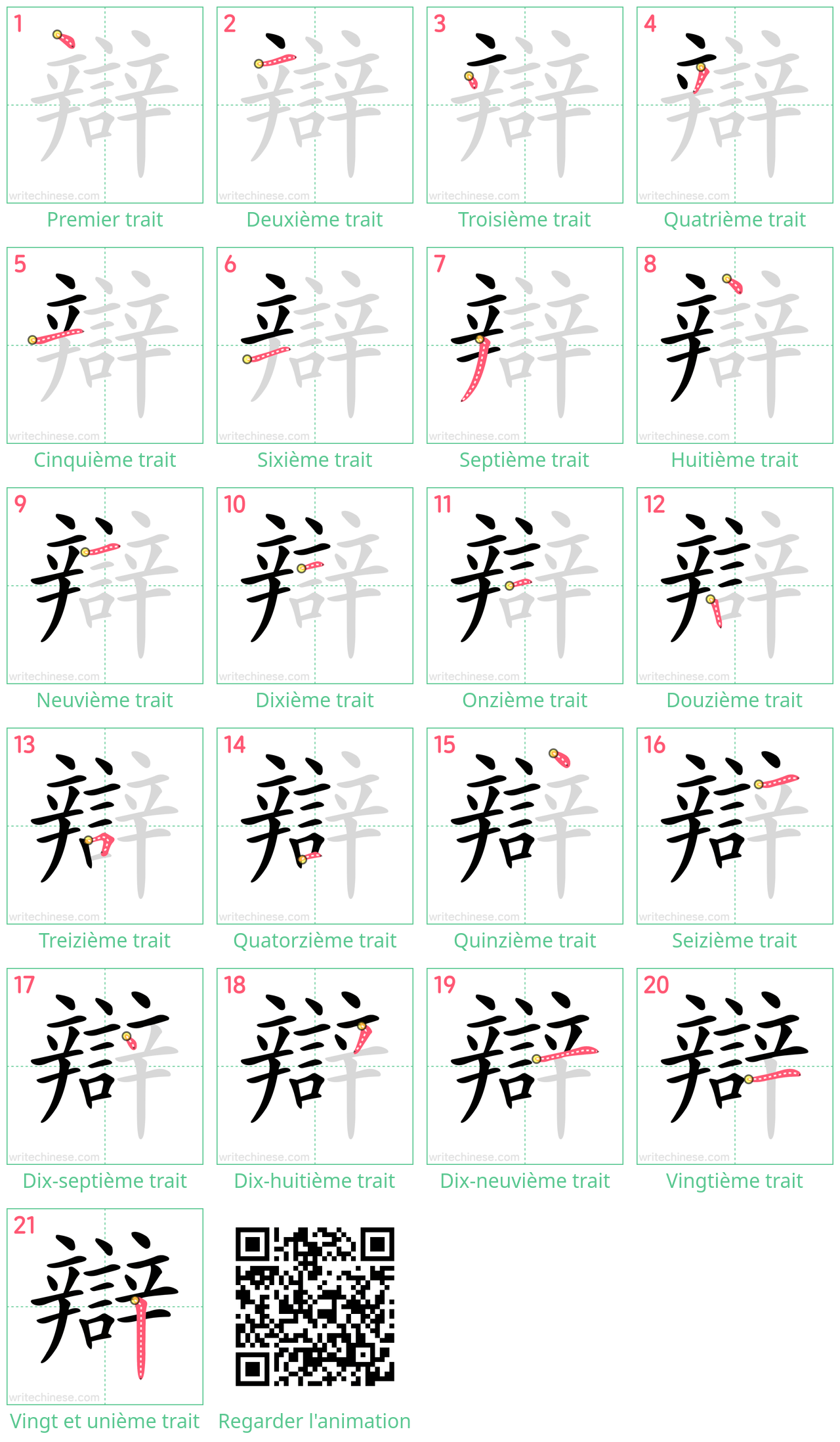 Diagrammes d'ordre des traits étape par étape pour le caractère 辯