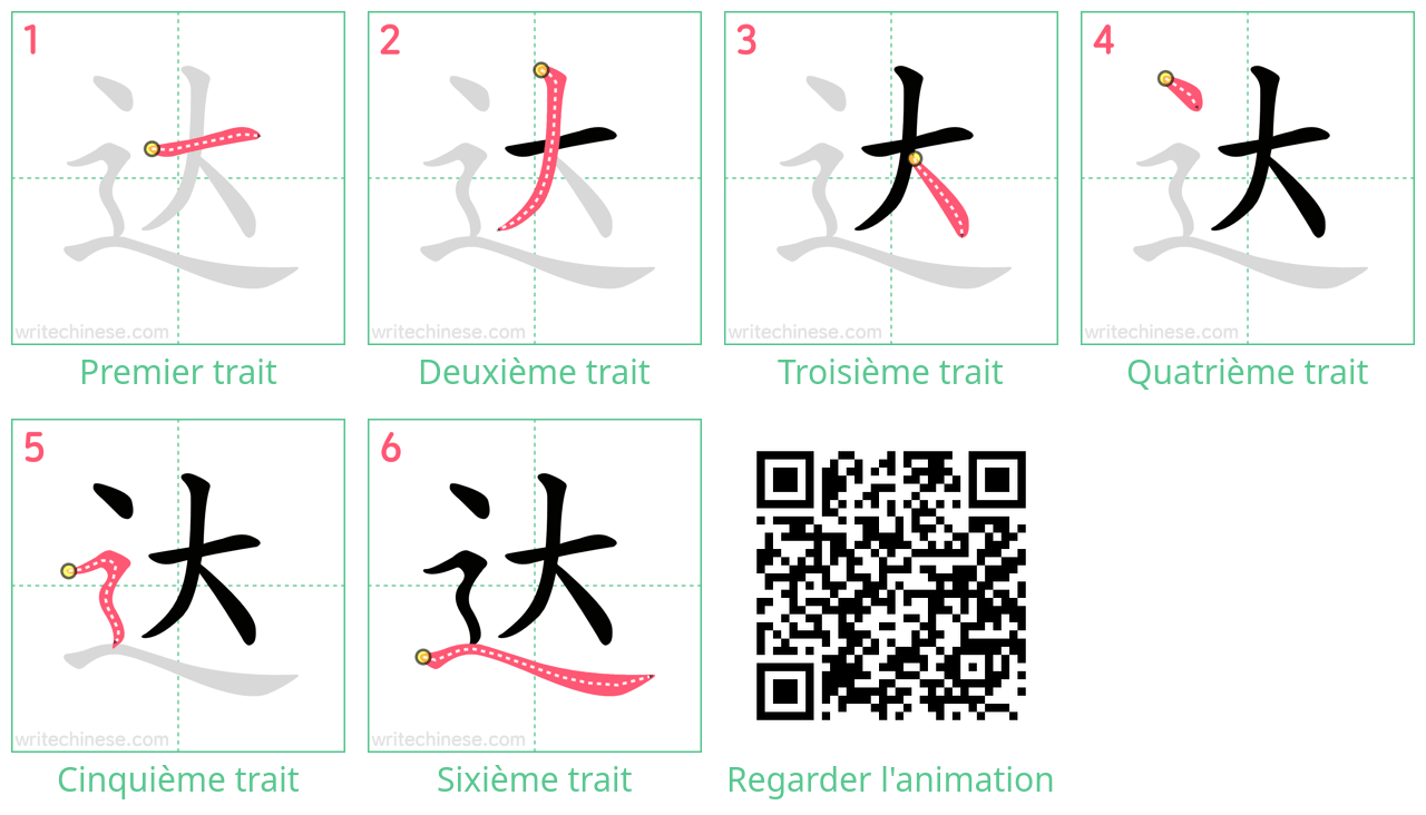 Diagrammes d'ordre des traits étape par étape pour le caractère 达