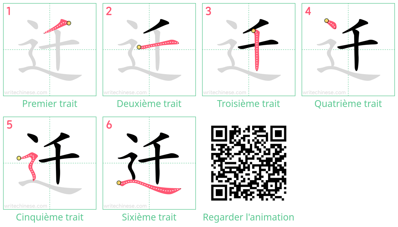 Diagrammes d'ordre des traits étape par étape pour le caractère 迁