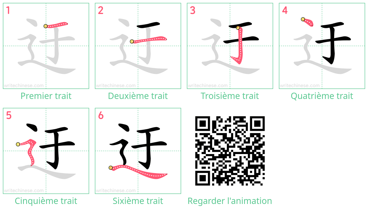 Diagrammes d'ordre des traits étape par étape pour le caractère 迂