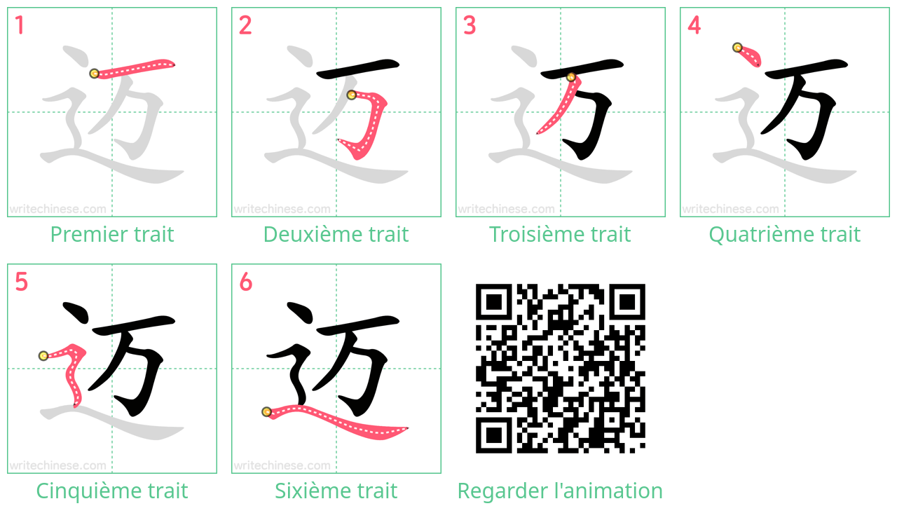 Diagrammes d'ordre des traits étape par étape pour le caractère 迈