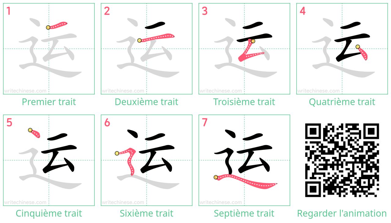 Diagrammes d'ordre des traits étape par étape pour le caractère 运