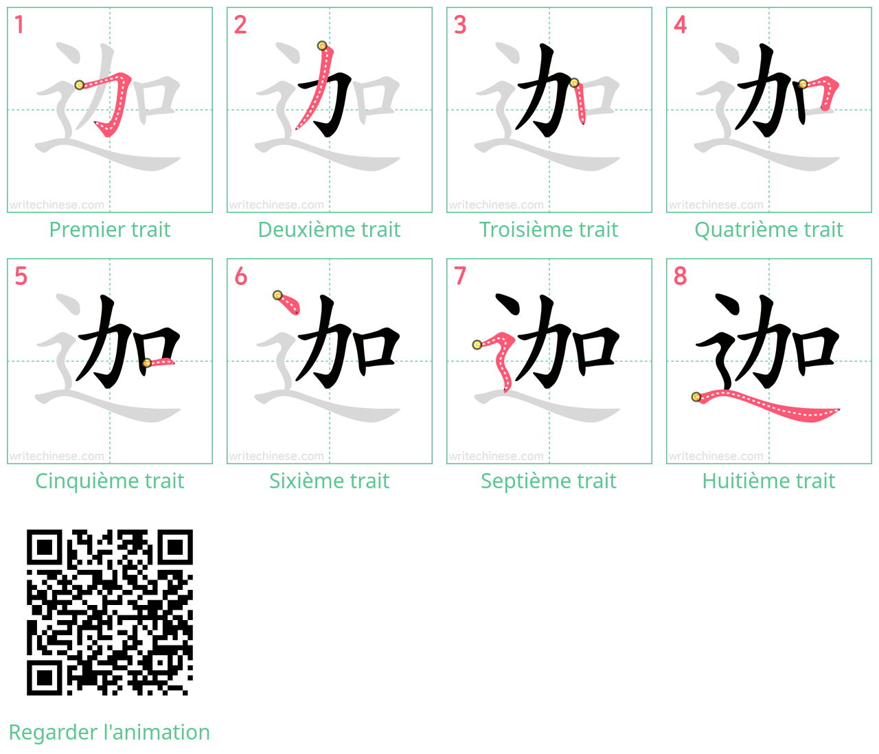 Diagrammes d'ordre des traits étape par étape pour le caractère 迦