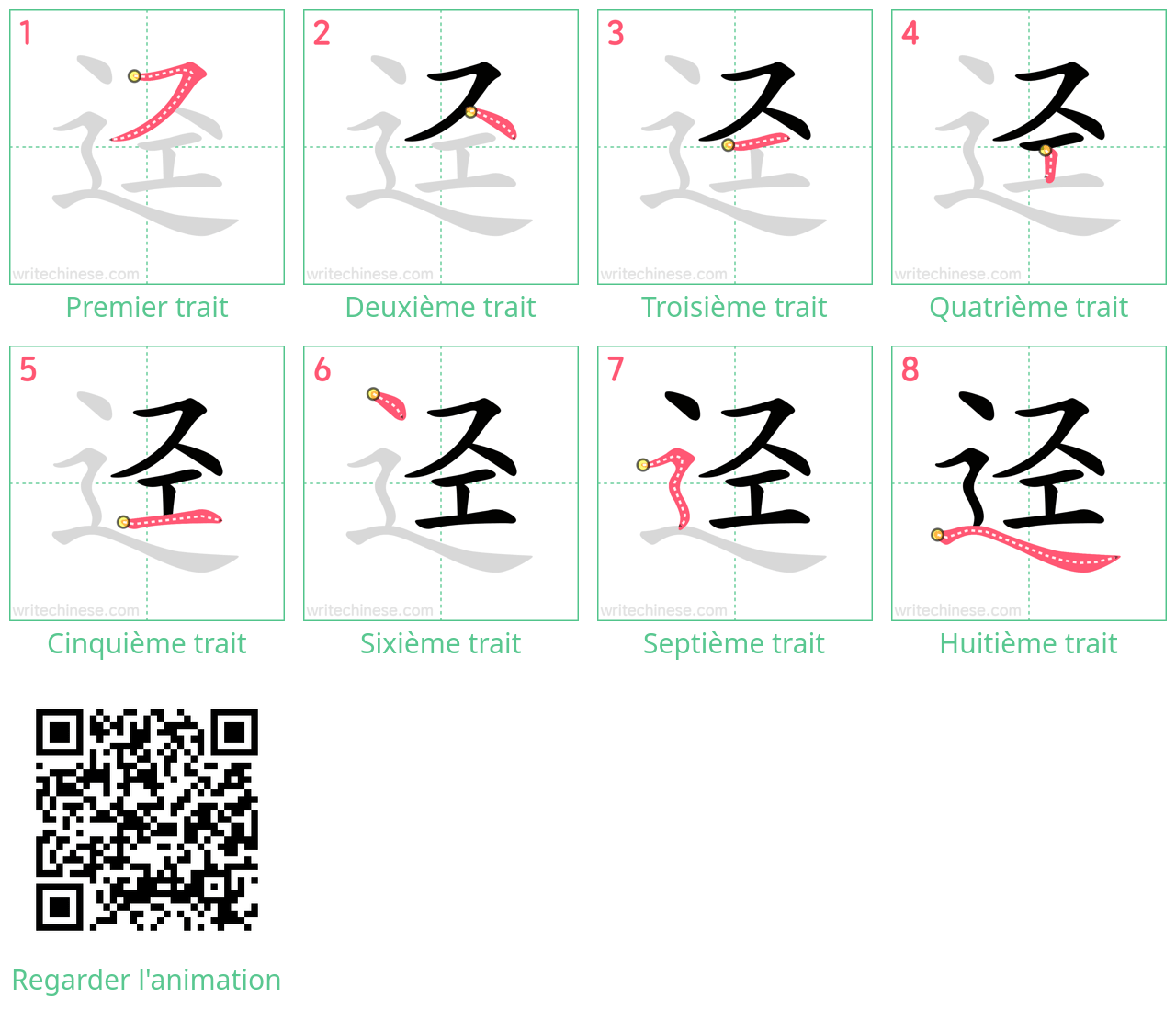 Diagrammes d'ordre des traits étape par étape pour le caractère 迳