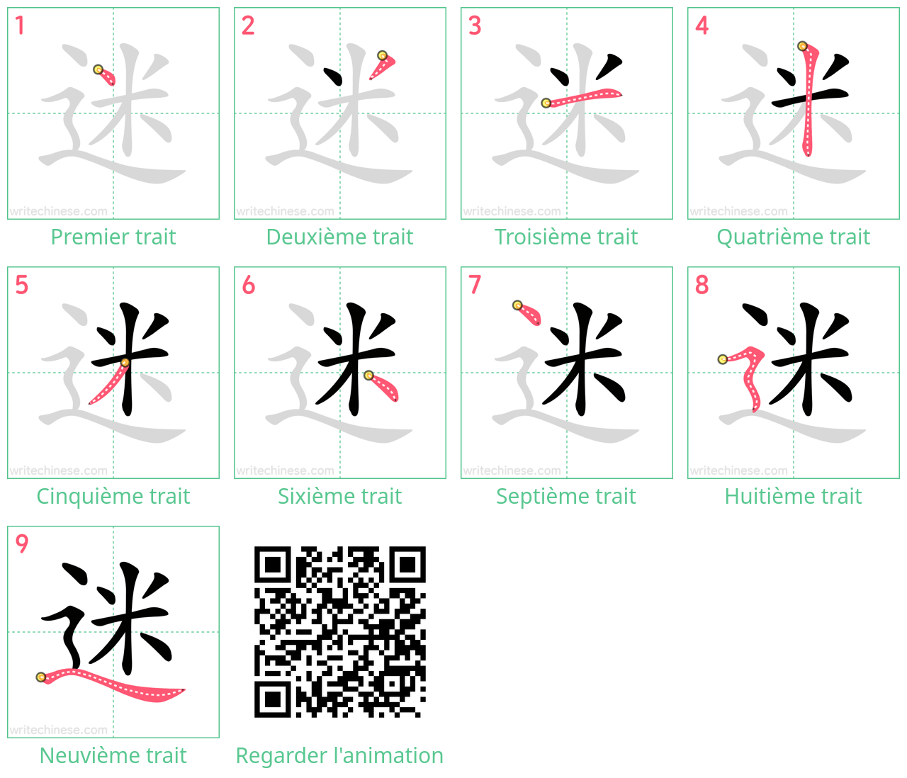 Diagrammes d'ordre des traits étape par étape pour le caractère 迷