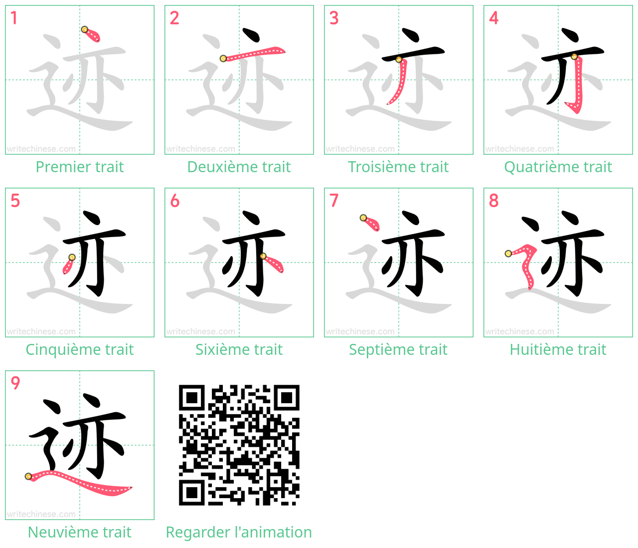 Diagrammes d'ordre des traits étape par étape pour le caractère 迹