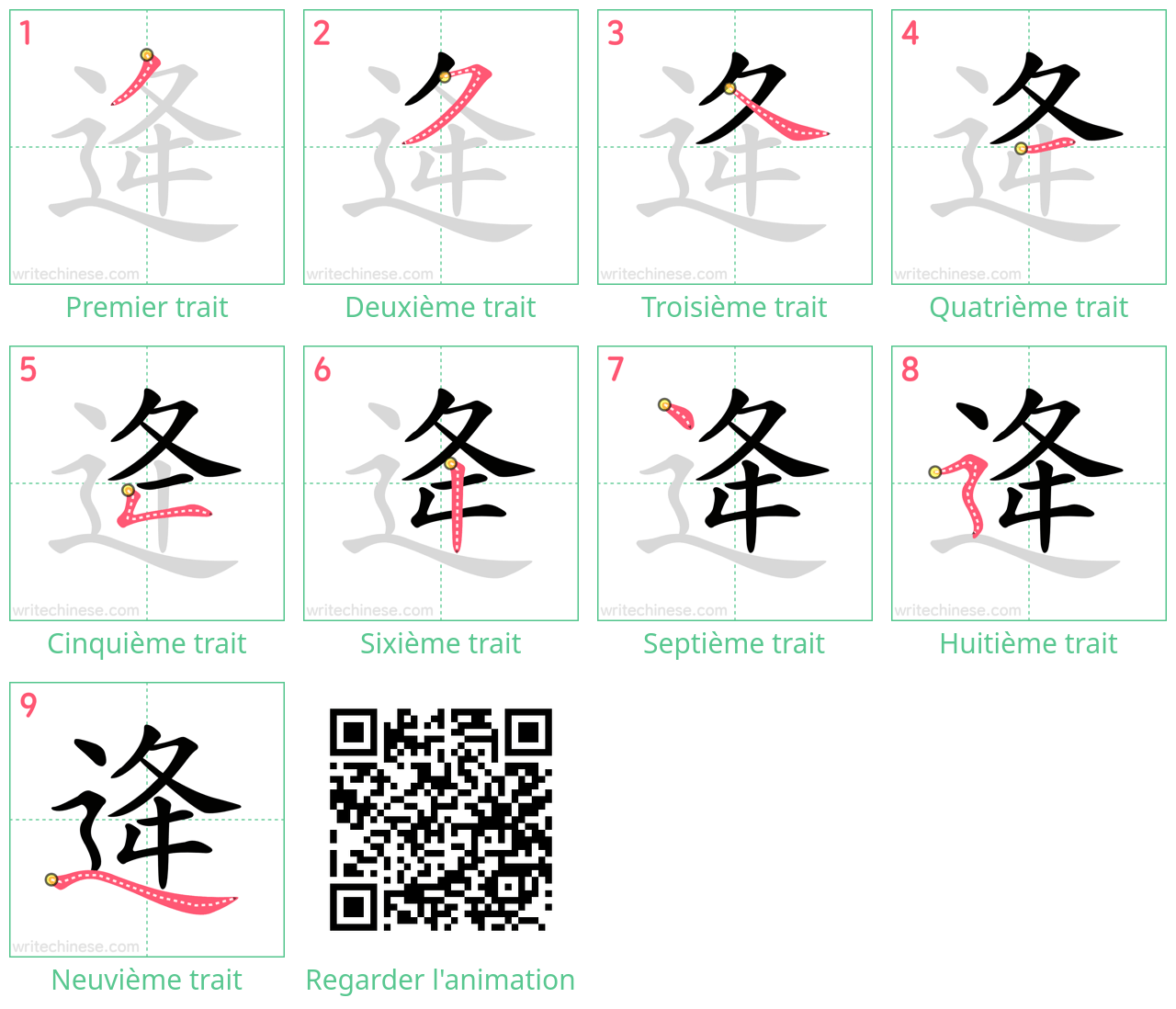 Diagrammes d'ordre des traits étape par étape pour le caractère 逄