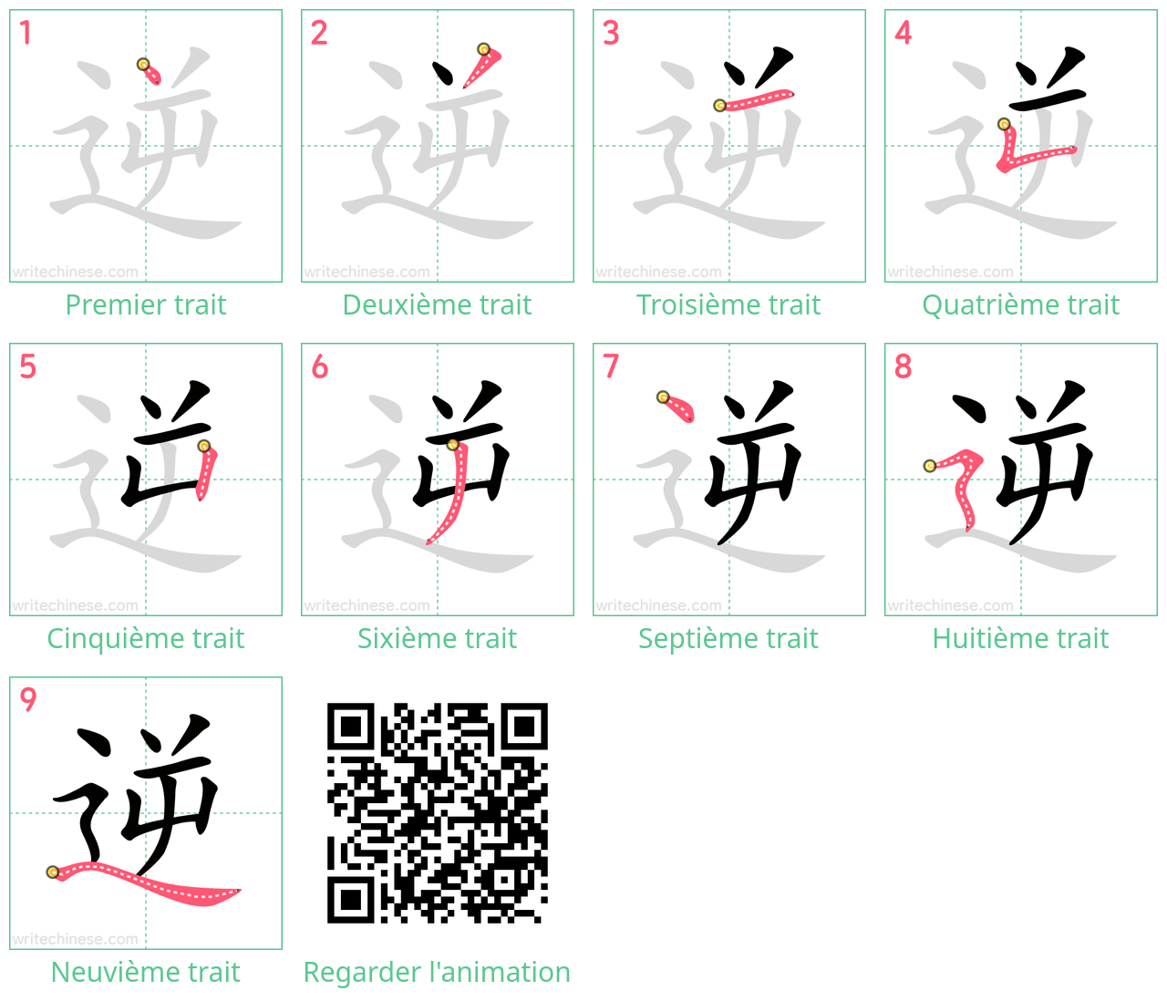 Diagrammes d'ordre des traits étape par étape pour le caractère 逆