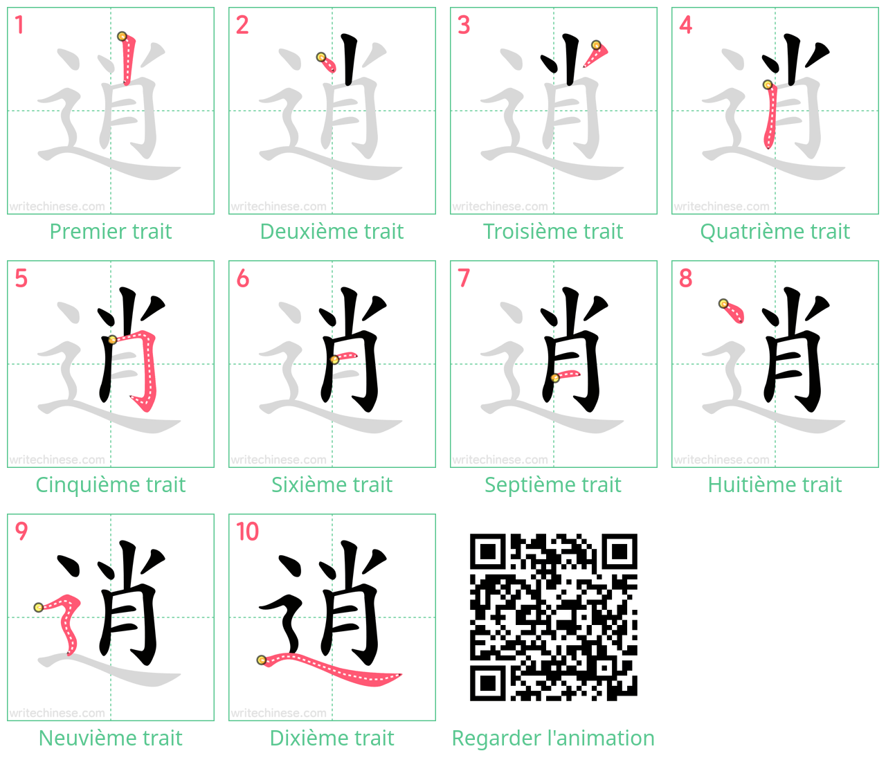 Diagrammes d'ordre des traits étape par étape pour le caractère 逍