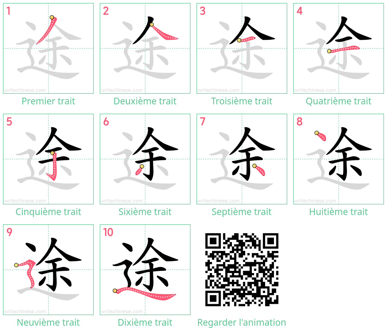 Diagrammes d'ordre des traits étape par étape pour le caractère 途