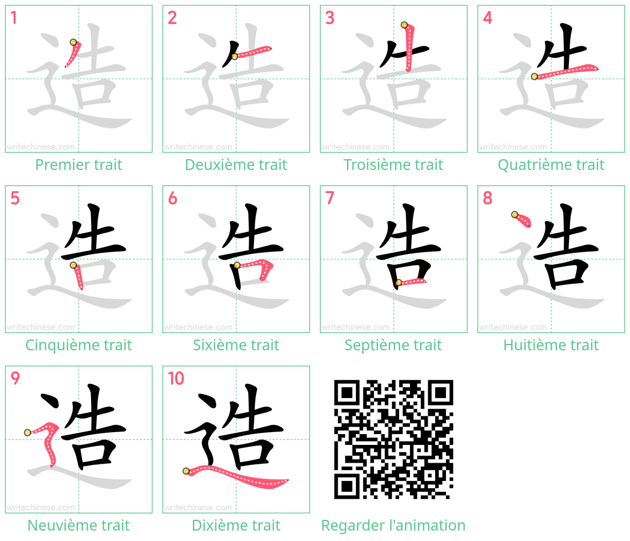 Diagrammes d'ordre des traits étape par étape pour le caractère 造