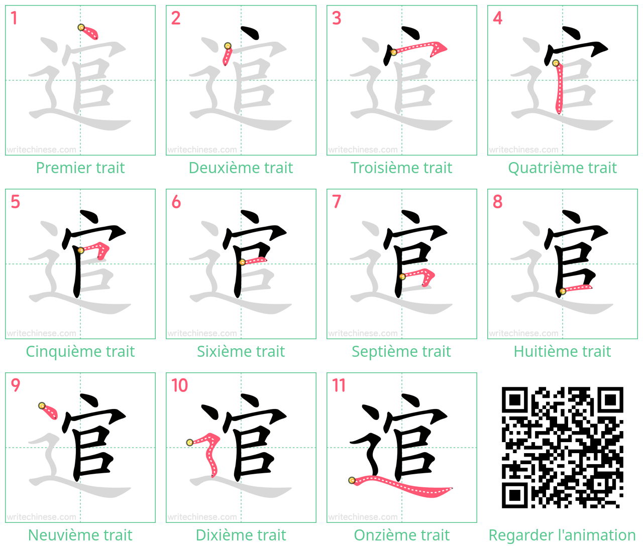 Diagrammes d'ordre des traits étape par étape pour le caractère 逭