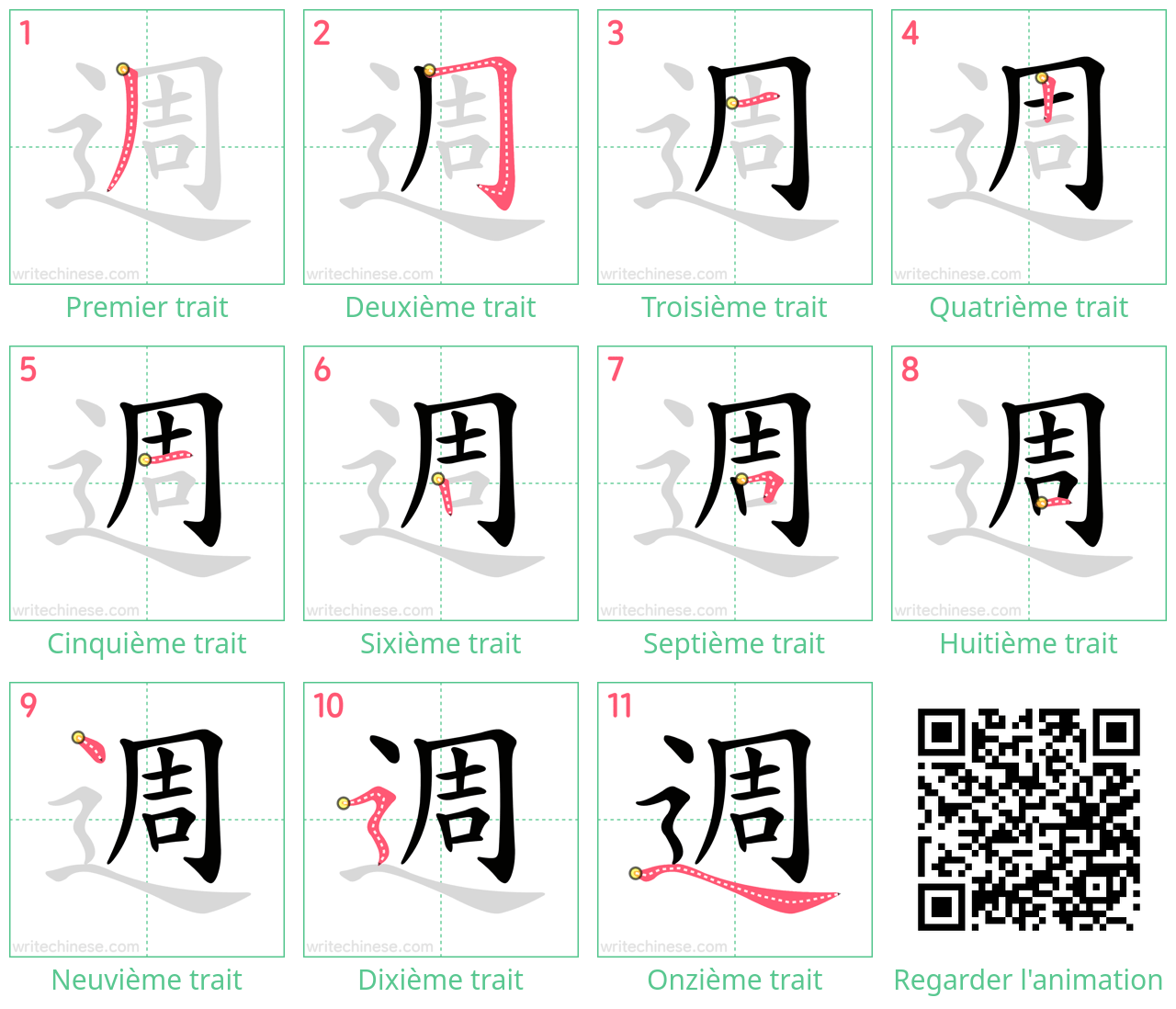 Diagrammes d'ordre des traits étape par étape pour le caractère 週