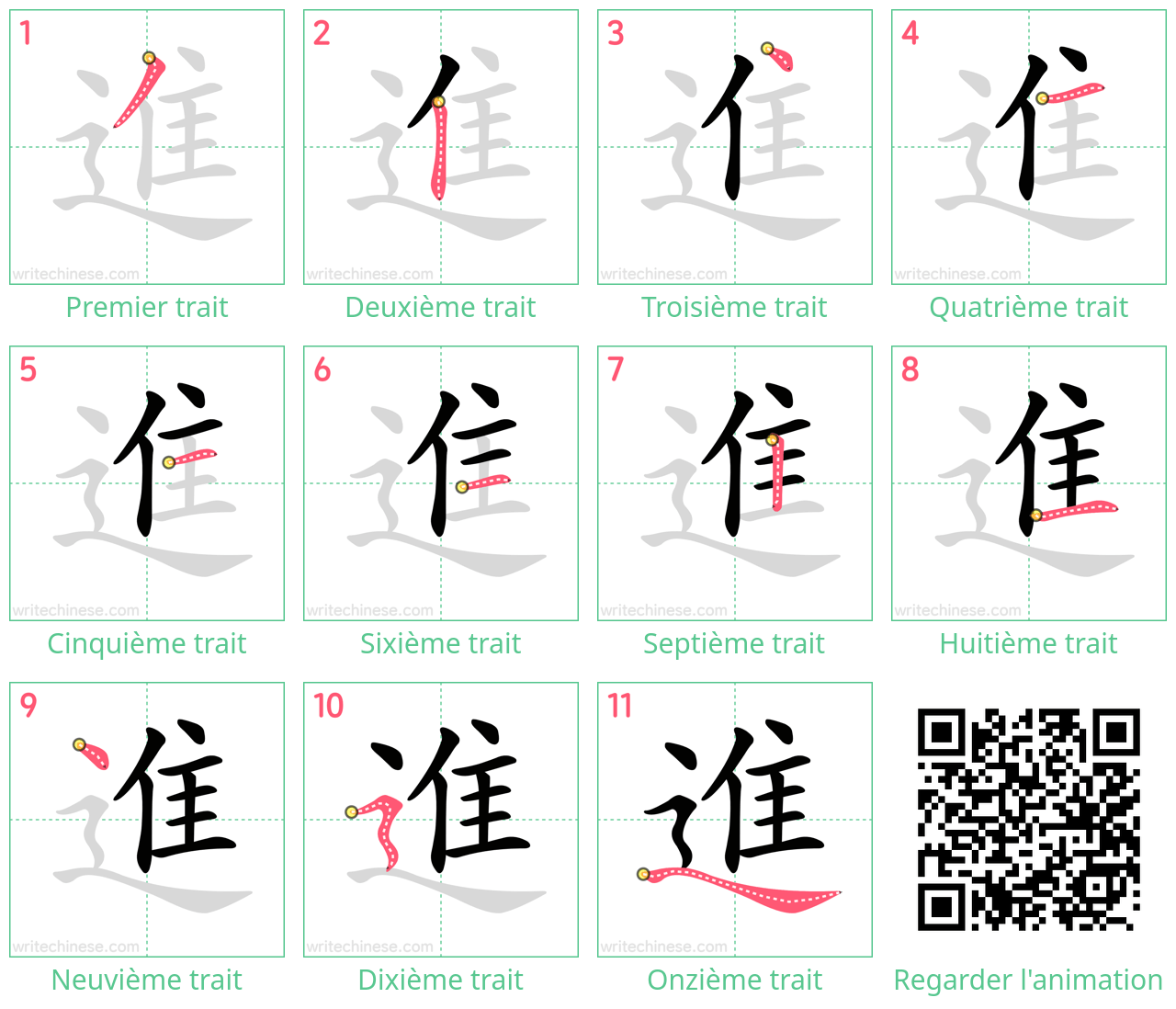 Diagrammes d'ordre des traits étape par étape pour le caractère 進