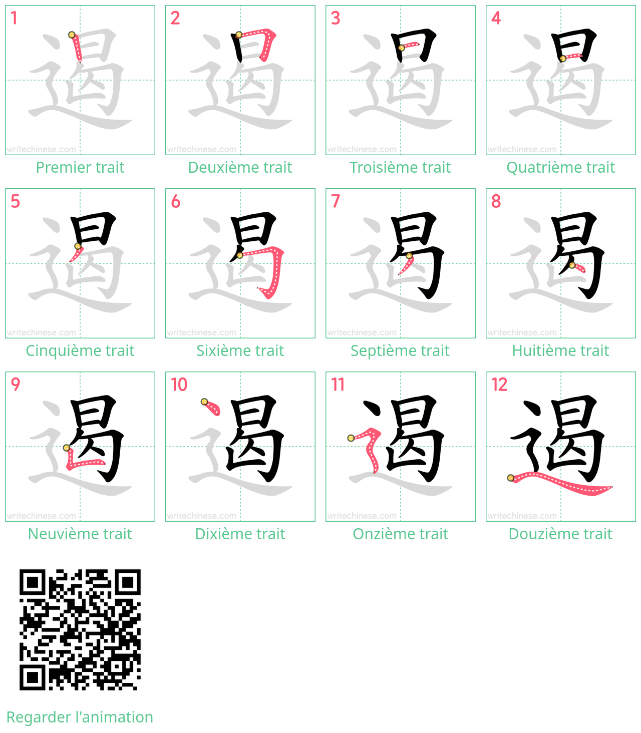 Diagrammes d'ordre des traits étape par étape pour le caractère 遏