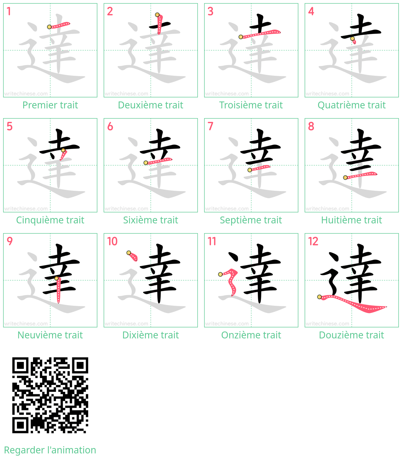 Diagrammes d'ordre des traits étape par étape pour le caractère 達