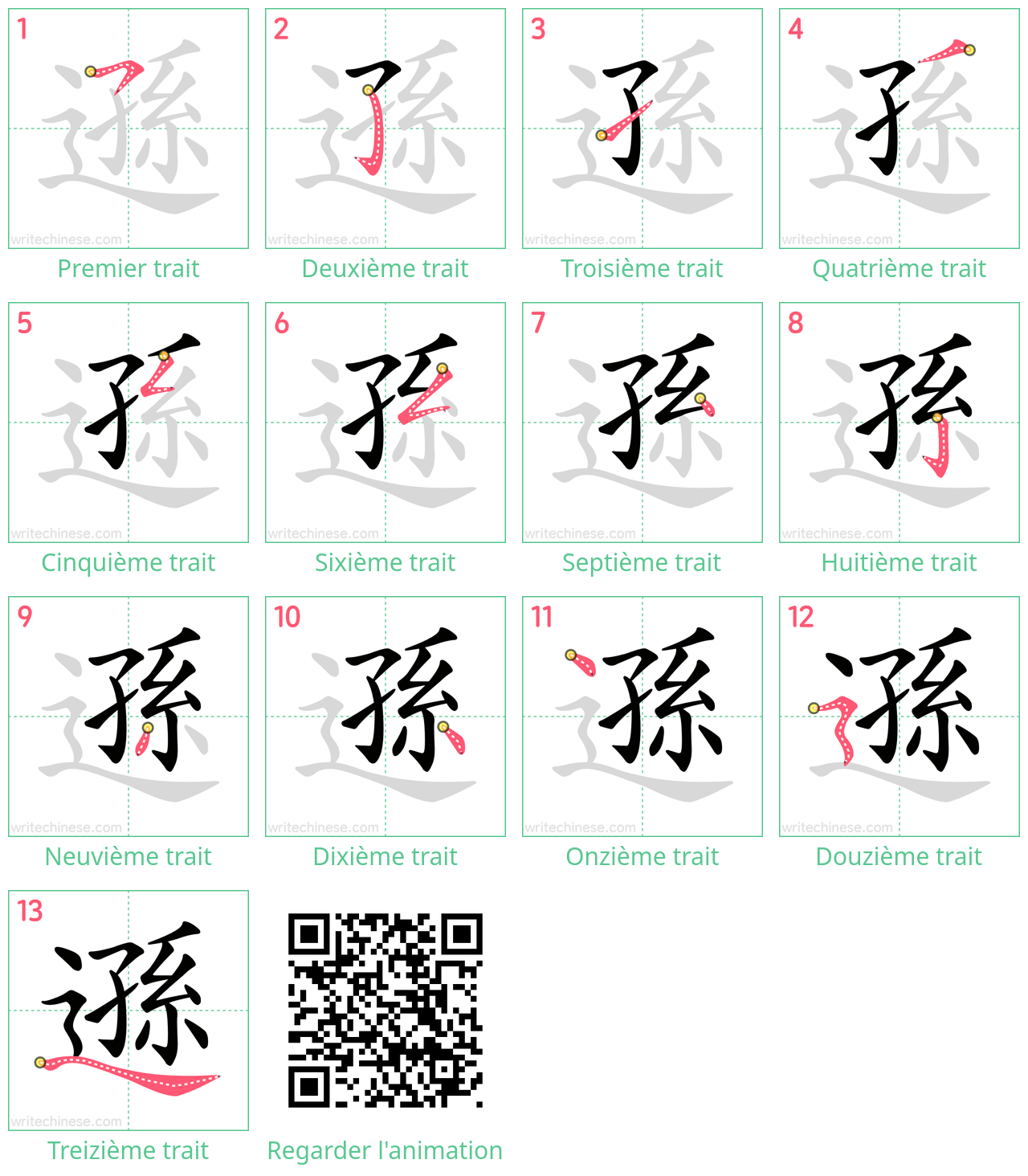 Diagrammes d'ordre des traits étape par étape pour le caractère 遜