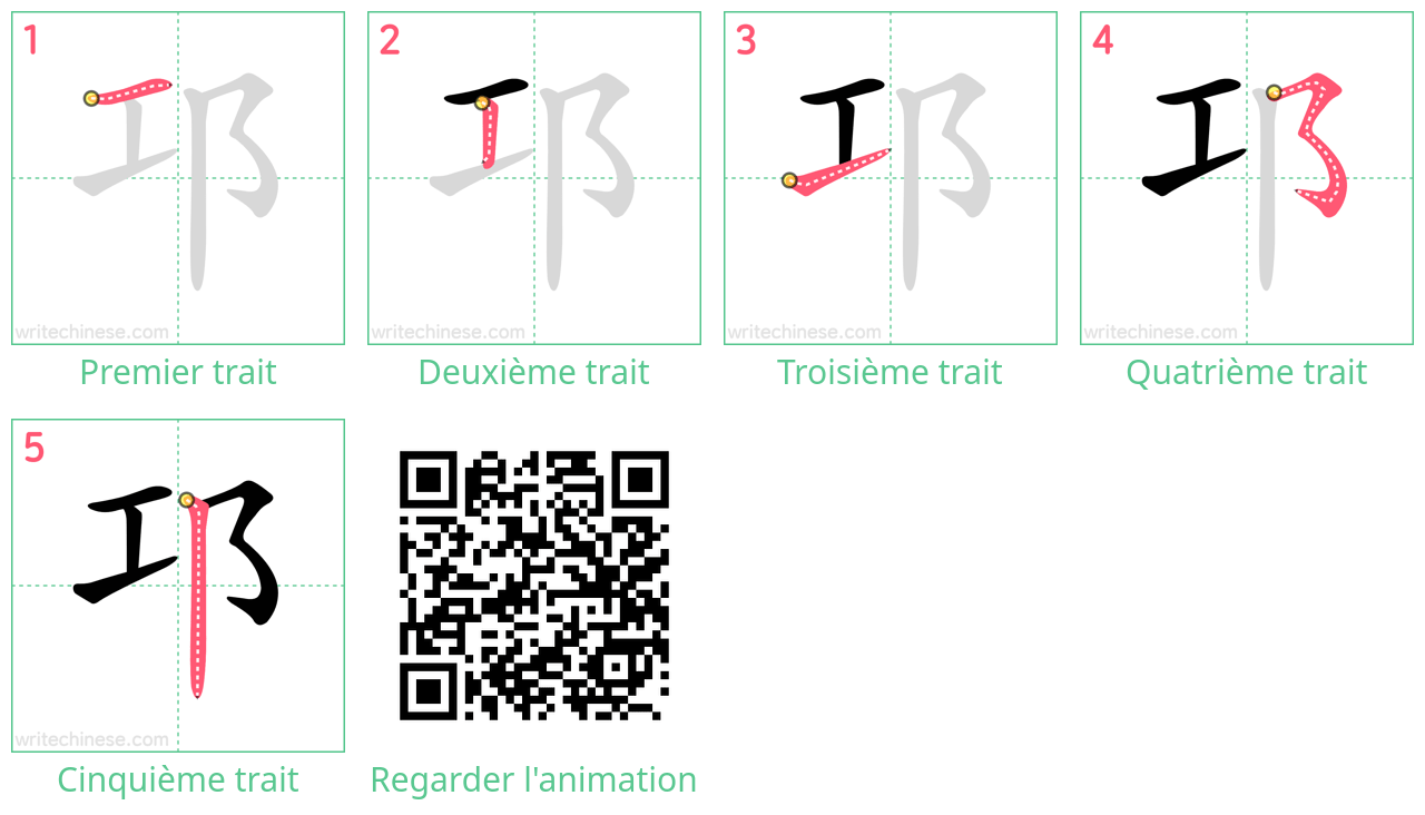 Diagrammes d'ordre des traits étape par étape pour le caractère 邛